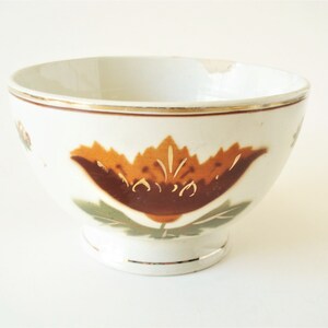 May include: White ceramic bowl with a brown and gold floral design. The bowl has a wide rim and a footed base.