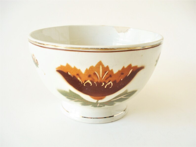 May include: White ceramic bowl with a brown and gold floral design. The bowl has a wide rim and a footed base.