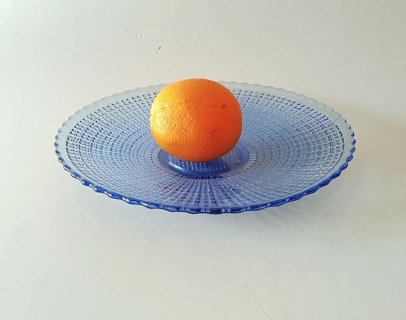 Seltener Vintage Geprägter Blauer Glasteller-10,6 