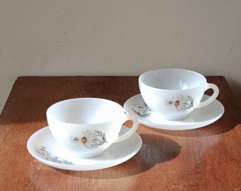 Set di 2 tazze da caffè/tè grandi Arcopal vintage con 2 piattini - Tazze in vetro opalino - Motivo floreale a margherita Arcopal - Prodotte in Francia - Anni '70