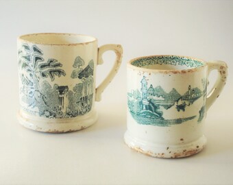 RARE Antique Portuguese Earthenware Faience Mugs-Green Landscape Decor-Old Collectible Mugs-CORTICEIRA, Porto-ca.1910s