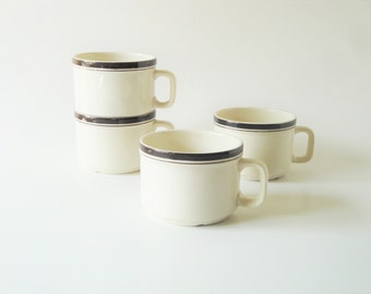 Potuguese Set of 4 Vintage  SACAVÉM  Tea Cups- Café au Lait Tasses- Striped Pattern- Brown Stripes -Made in Portugal-1970s
