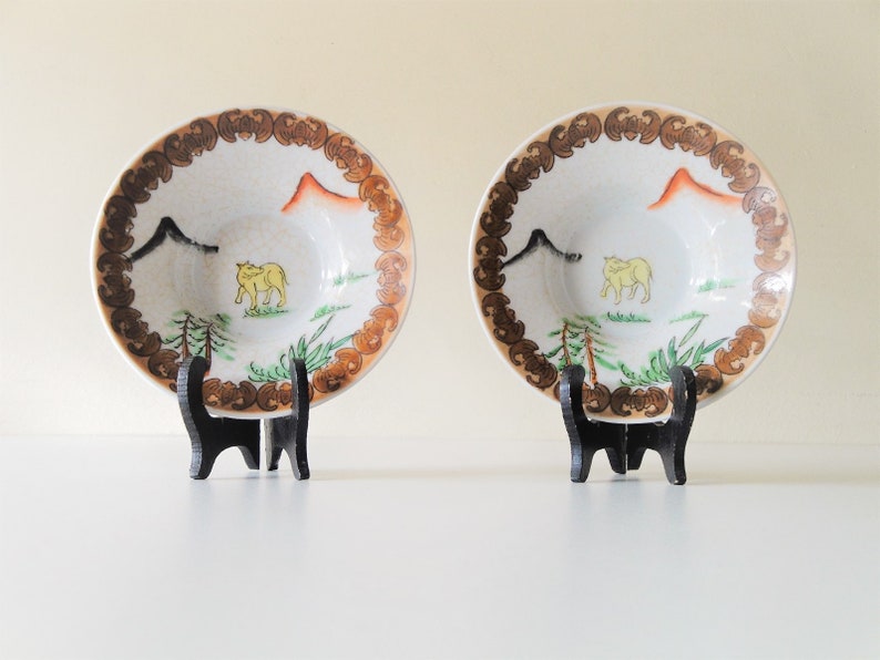 ca.1950s Vintage Small Ceramic Plates Set of 2 Made in Japan Jewelry Ring Dishes Soy Dishes-Trinket Dishes Hand Painted