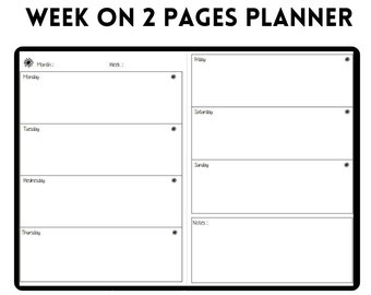Könnte beinhalten: Ein schwarz-weißes Wochenplaner-Layout mit dem Titel WEEK ON 2 PAGES PLANNER. Die linke Seite enthält Abschnitte für Montag bis Donnerstag, während die rechte Seite Freitag, Samstag, Sonntag und einen Notizbereich umfasst, jeweils mit kleinen Blumen-Icons.