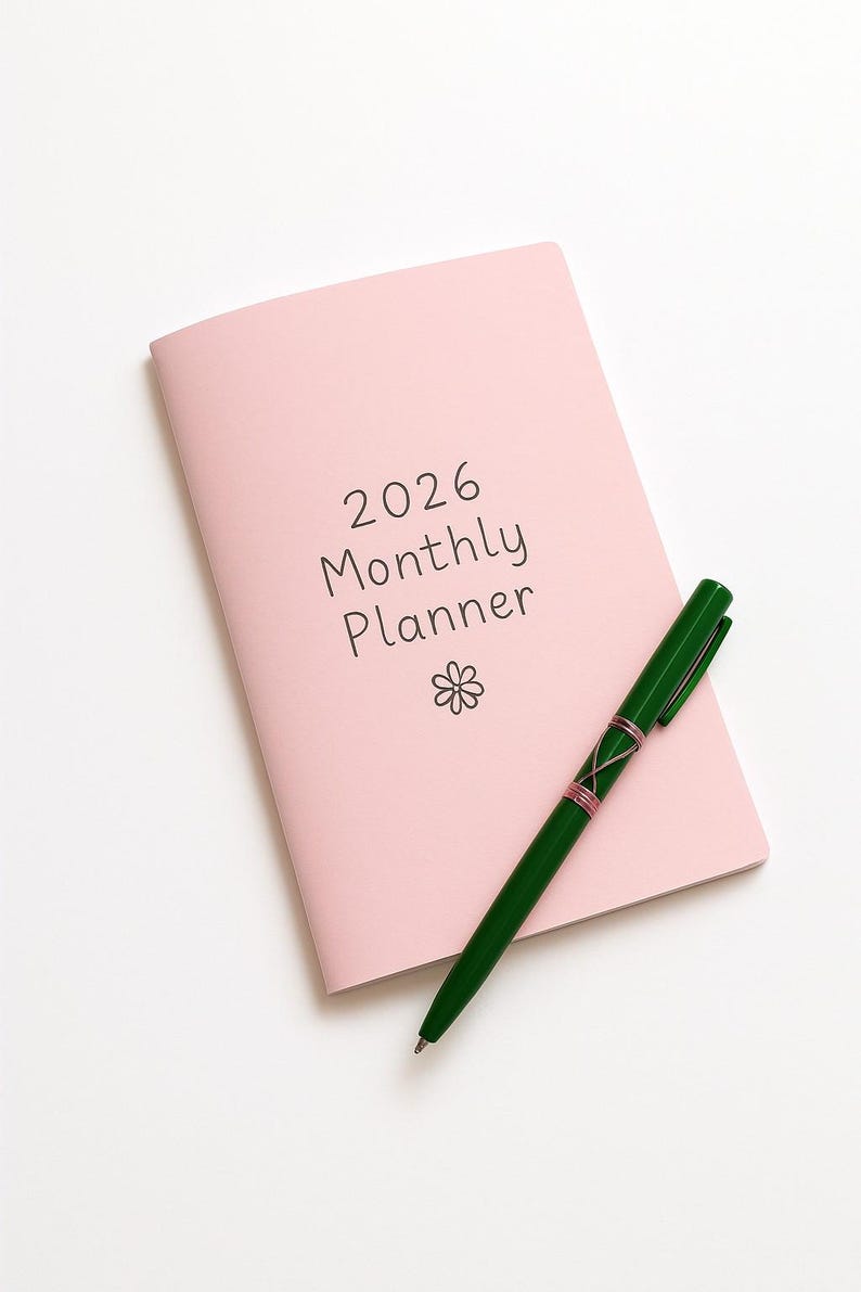 Pode incluir: Um planejador mensal rosa para 2026 com uma caneta verde em cima. O planejador tem um pequeno desenho de flor na frente.