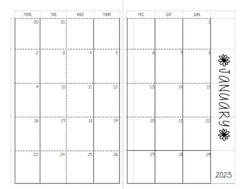 Pode incluir: Um calend&aacute;rio imprim&iacute;vel preto e branco para janeiro de 2023. O calend&aacute;rio tem um layout de grade simples com cada dia da semana rotulado. Os dias da semana s&atilde;o abreviados como Seg, Ter, Qua, Qui, Sex, S&aacute;b e Dom. O calend&aacute;rio &eacute; decorado com um pequeno desenho floral no canto.