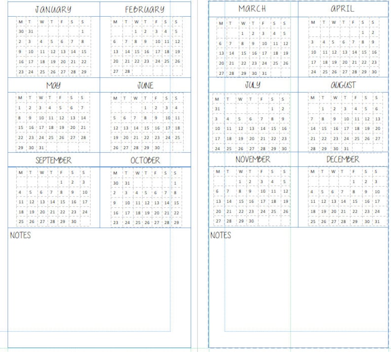Pode incluir: Um modelo de calend&aacute;rio imprim&iacute;vel para o ano, com cada m&ecirc;s exibido em uma caixa separada. O calend&aacute;rio &eacute; projetado para uso pessoal e inclui espa&ccedil;o para notas.