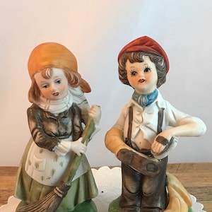 Capodimonte Porcelain Figurines - Italian Shoe Shine Boy and Girl with Broom