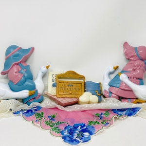 Burwood Wall Plaque Pieces - #2865 1A 2B Goose Promenade Boy and Girl plus #3241 Note Pad Holder - Country Farmhouse Chic Wall Decor