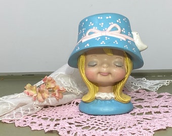 Darling Girl Head Vase from the 1970's ~ Blue Bonnet with White Bird Blonde Hair