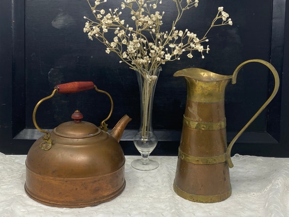 Vintage Copper Kettle or Brass Banded Pitcher - Revere Ware 1801