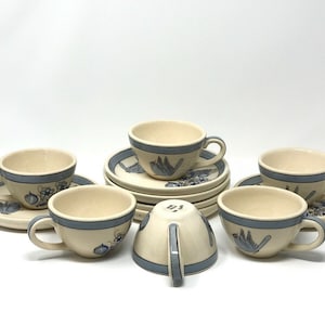 Chisjal Mexico Pottery Blue Bird Cups and Saucers Hand Painted Set of 2