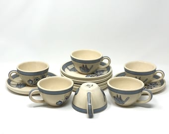 Chisjal Mexico Pottery Blue Bird Cups and Saucers Hand Painted Set of 2