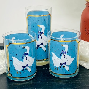 1980&#39;s Culver Blue Geese Glass Tumblers -  Two Double Old Fashioned plus One Highball