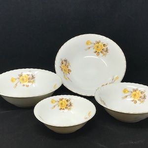 Elegant Yellow Rose Nesting Serving Bowls - Set of 4 White Fluted Swirl Rim with Gold Trim