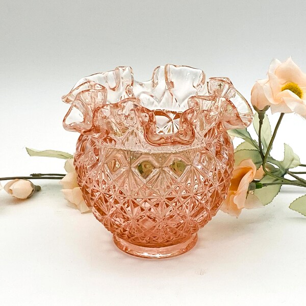 Fenton Signed Fine Cut Block and Diamond Carnation Pink Bulbous Squat Ruffled Glass Art Rose Bowl Vase