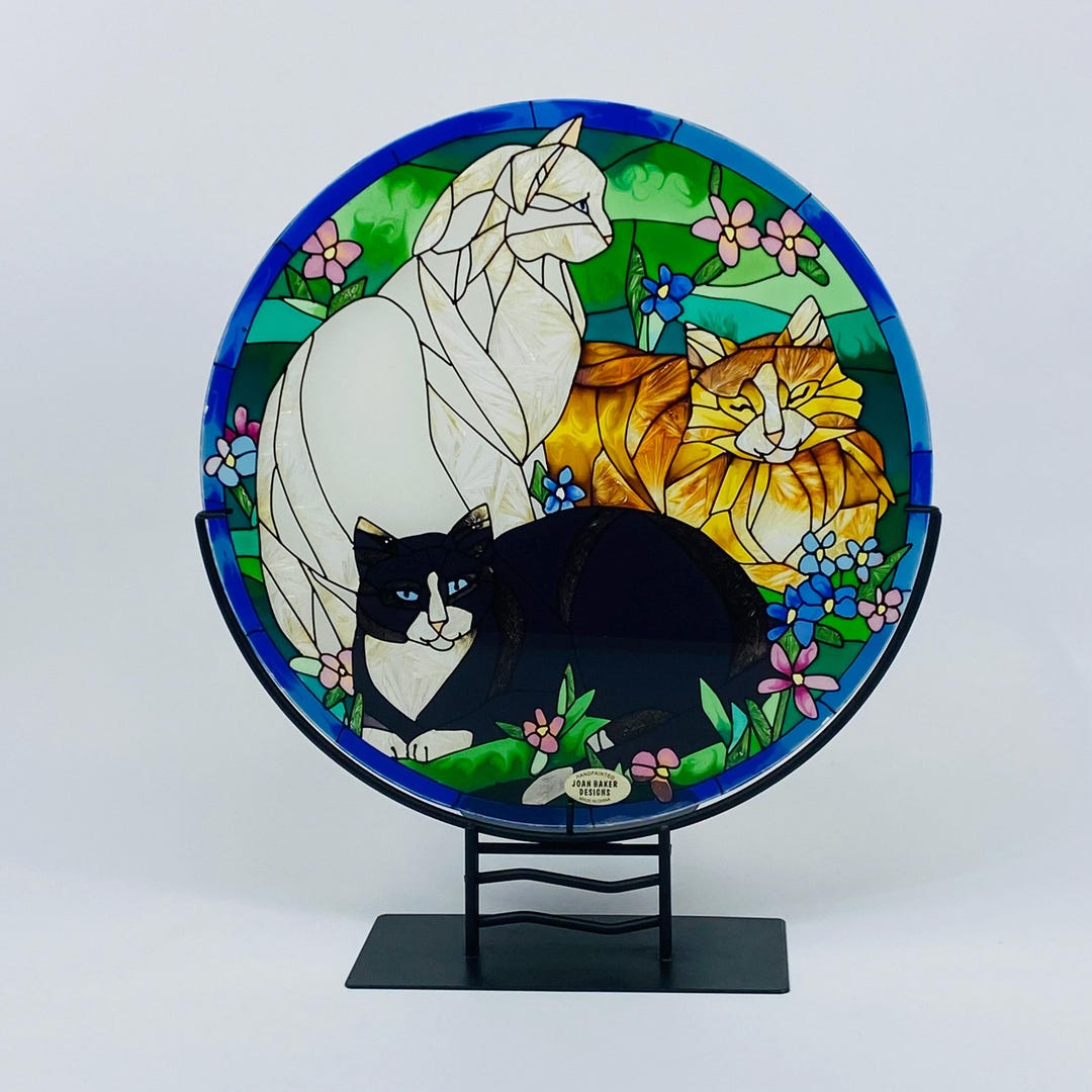 Joan Baker Designs Three Tiffany Cats Hand Painted Art Glass 10