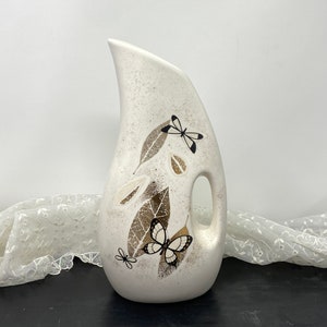 Sleek Art Deco Style Stoneware Pitcher - Black and Gold Butterflies, Leaves Decor