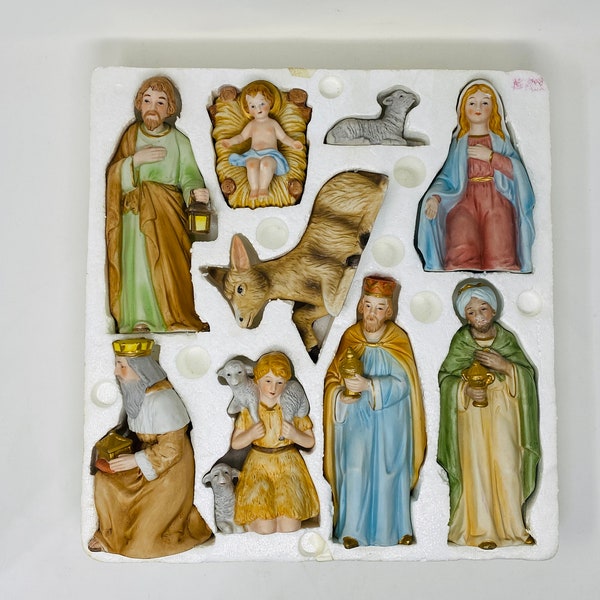 Vintage Homco 5603 Porcelain Bisque 9 Piece Christmas Nativity Scene - Joseph, Mary, Baby Jesus - in Original Packing