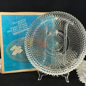 Indiana Glass Diamond Point Clear 3 Part Crystal Relish Plate in Original Box