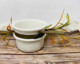 Vintage Ceramic Double Broiler Insert with Copper Band and Brass Handle