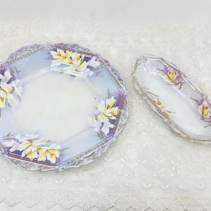 Gorgeous Bavarian Germany Schumann Minden Serving Dishes - 2 pc - Plate and Relish - Floral and Gold Serving Bowl with Six Individual Bowls