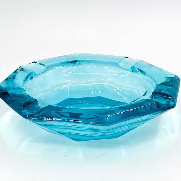 1970's Large Turquoise Blue Octagon Clear Art Glass Ashtray