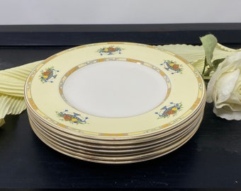 Myott Staffordshire England Salad Plates (7) - Pattern 2327 - Lovely Raised Fruit & Flower Urns on a Yellow Band  - 1930s English China