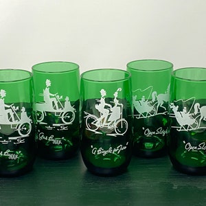 Anchor Hocking Gay Nineties Green Roly Poly 13oz Flat Tumbler Glasses - Five Total - Gas Buggy (2) - Bicycle for Two (1) - Open Sleigh (2)