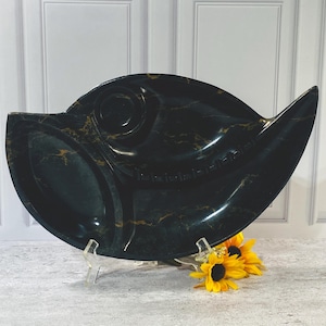 Vintage MCM Cal Style 2514 Ceramic Ashtray, Large 15" Black & Gold Marbled Boomerang Torpedo Console Dish, Mid Century Modern Decor USA