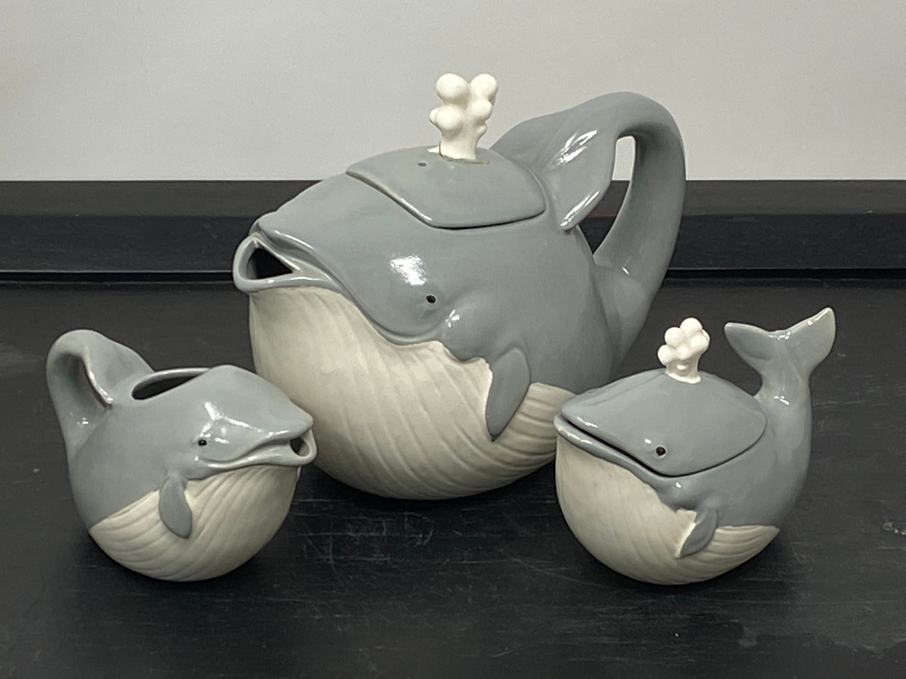 Darling Norcrest Gray and White Whale Tea Set - Teapot, Creamer
