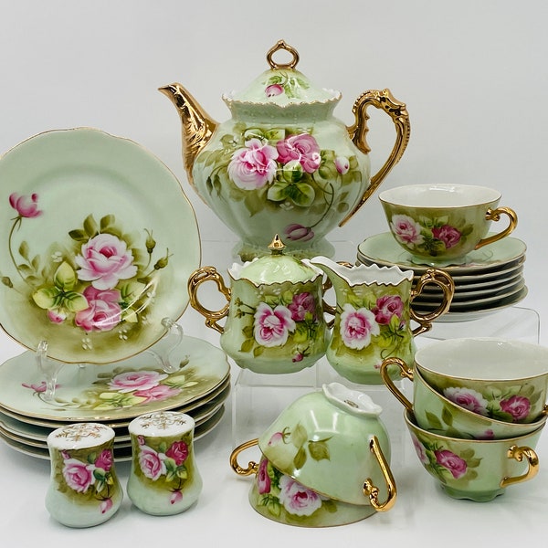 Heritage by Lefton Green Fine Bone China 23 piece Service for Six - Teapot, Salad Plates, Cups, Saucers, Sugar Bowl, Creamer, Salt & Pepper