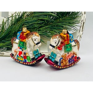 Delightful Hand-Painted Czech Rocking Horse Glass Ornaments - Set of 2 - Christmas Tree Decorations