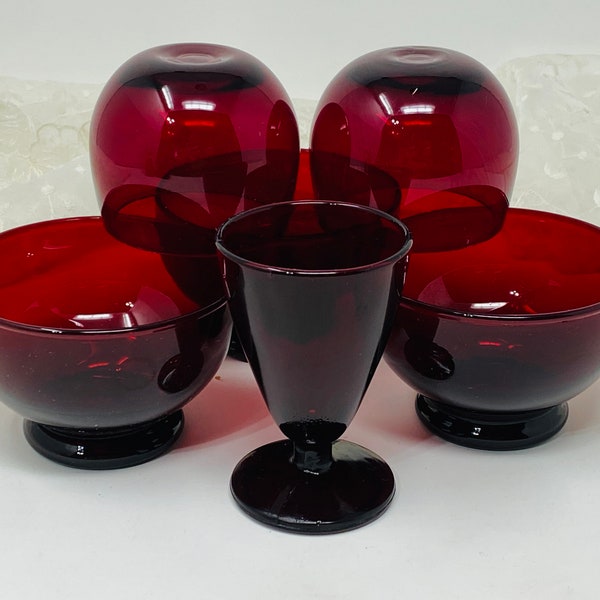 1950's Anchor Hocking Royal Ruby Glassware - Group of 3 Custard Bowls, 2 Roly Poly Whiskey Glasses, 1 Wine Glass