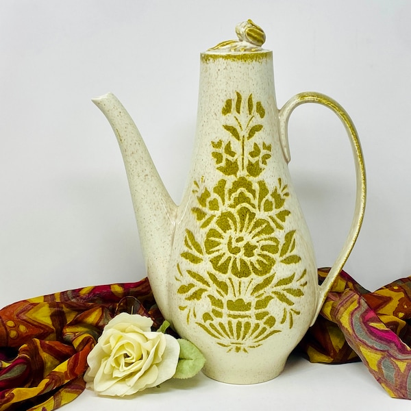 Red Wing Pottery Damask Coffee Pot: 1960s Floral Chartreuse Glaze
