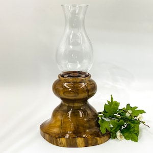 Gorgeous Serenity Woods Hand Carved Pistachio Burl Wood and Hurricane Glass Candle Holder - Artist Signed and Numbered