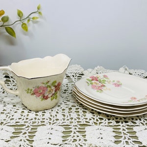 Paden City Pottery Regina Rose Floral China Dishes - Beautiful Creamer & 4 Square Saucers