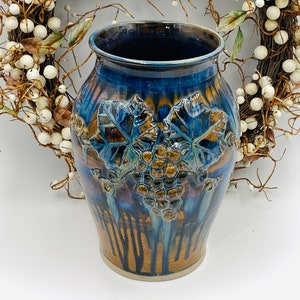 Large Signed Greg Olson Studio Pottery Vase Embossed Grape Cluster Drip Glaze Design