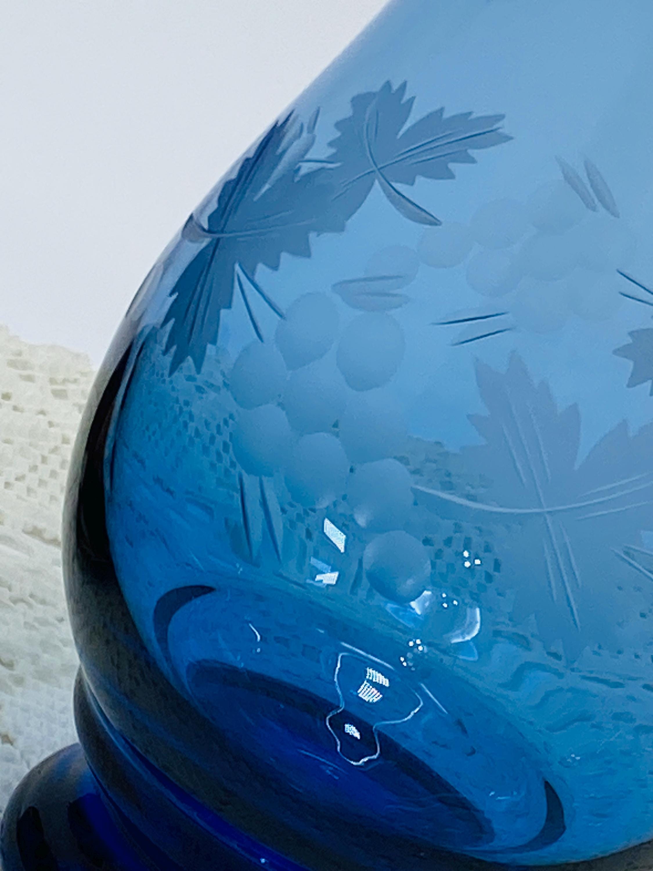 German Lausitzer Glas Blue Etched Mouth-blown Hand-cut Crystal