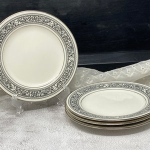 Set of 4 Noritake 7570 Prelude 6" Bread and Butter Plates - Black Scroll and Fan Band with Platinum Trim - Elegant Serving Dishes