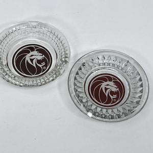 Pair of MGM Casino Glass Ashtrays Roaring Lion - Different Designs - Las Vegas &quot;The Strip&quot; Souvenirs