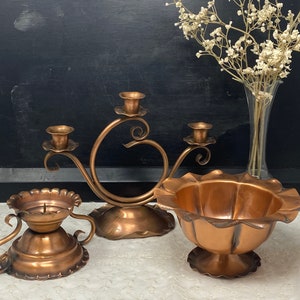 Vintage Gregorian Hand Hammered Copper Candelabra or Bowl - Mid Century Modern Decor