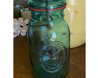 Ball Ideal Aqua Blue Mason Jar: 1776-1976 Bicentennial Eagle, Wire Bail Lid