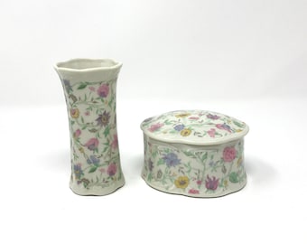 Matching RAJ Japan Floral Porcelain Vase and Trinket Box with Lid