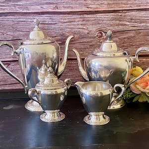 Rogers & Bro Vintage Silverplate Primrose Beverage Serving Set - 4 Piece - Coffee Pot,, Teapot, Creamer, Sugar