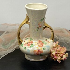Gorgeous and Rare Pearl China Hand Painted Iridescent Opalescent Glass Vase with Gold Trim