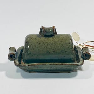 Earthenware Moss Green Ceramic Covered Butter Dish - Earthy Reactive Glaze Dinnerware Serving Piece - Signed Studio Pottery