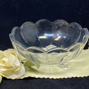 Early American Higbee Glass Paneled Three Footed Bowl with Scalloped Edge
