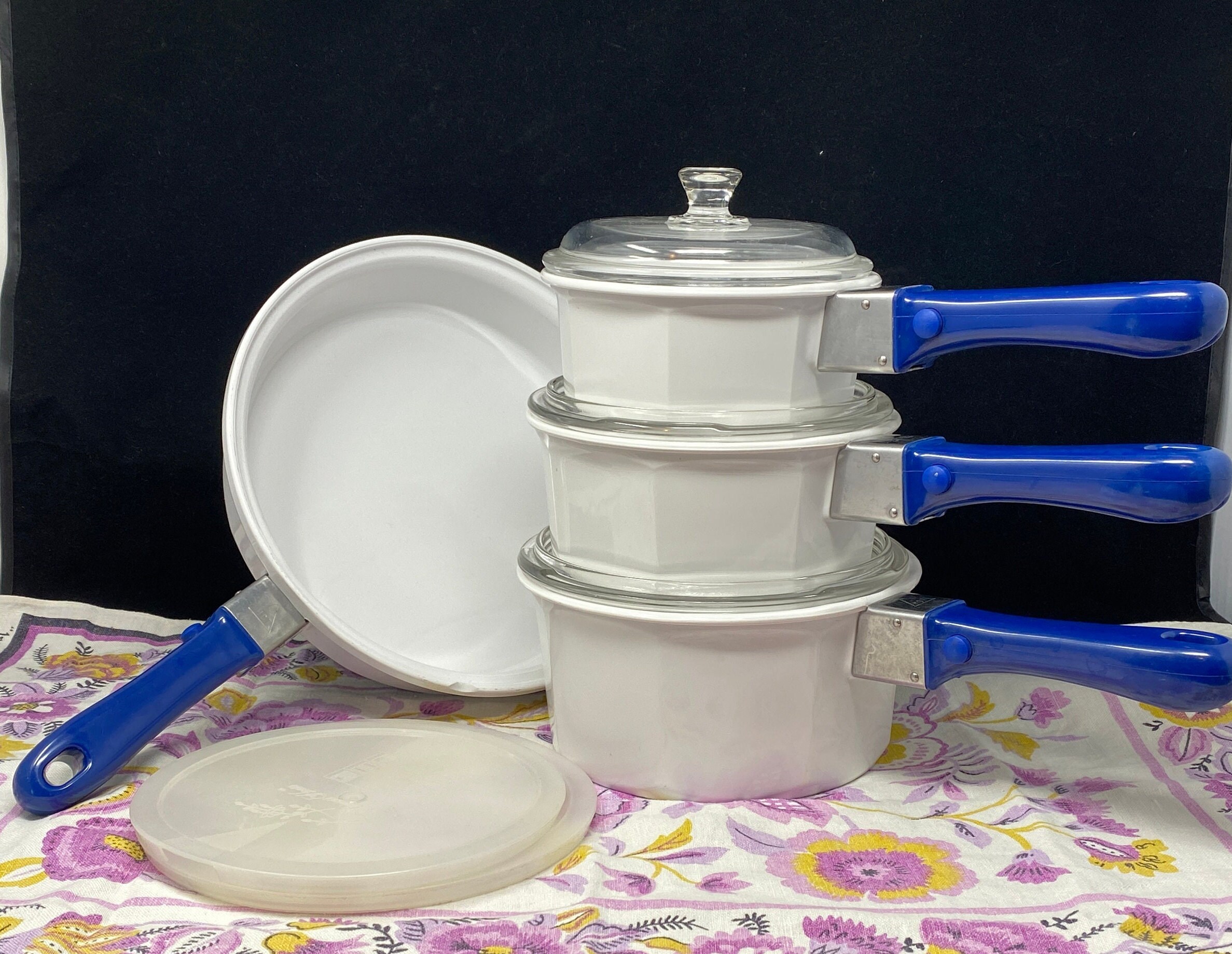 Princess House Noveau Cookware Set Pieces - Large Skillet, 2 Qt Saucepan,  1.5 Qt Saucepan, 1 Qt Saucepan, Blue Handles, Glass & Plastic Lids