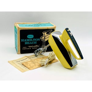 Tested and Working 1970&#39;s Hamilton Beach Scovill Super Mixette Portable Mixer Model 79-1 Yellow/Chrome Original Box, Papers
